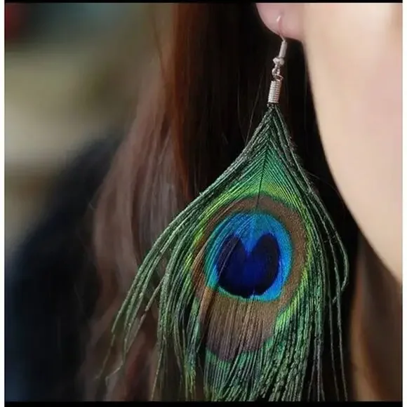 Whimsical Natural Delicate Boho Peacock Feather Dangle Drop Hook Earrings A0105 - Picture 2 of 12